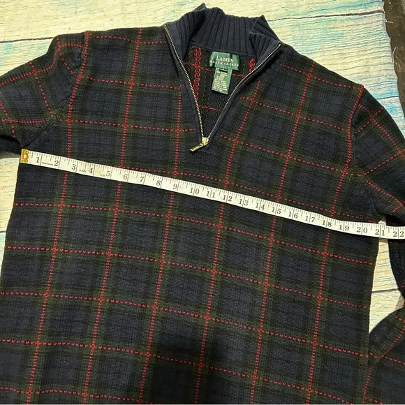 Lauren Ralph Lauren Men Sweater Blue Plaid 1/4 Zip Cotton Size L - Picture 7 of 8